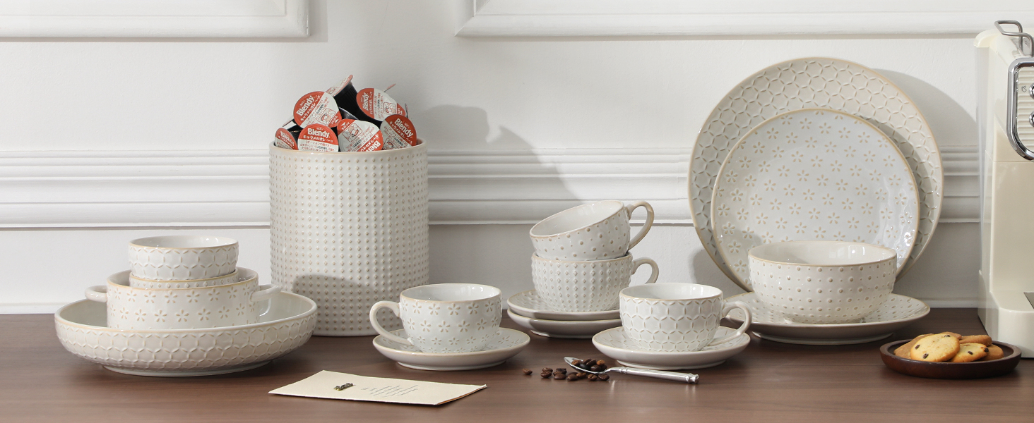 Набір кавових чашок MALACASA з блюдцем, 8 шт., для 4 особи, з рельєфом, 180 мл, кераміка, бежевий