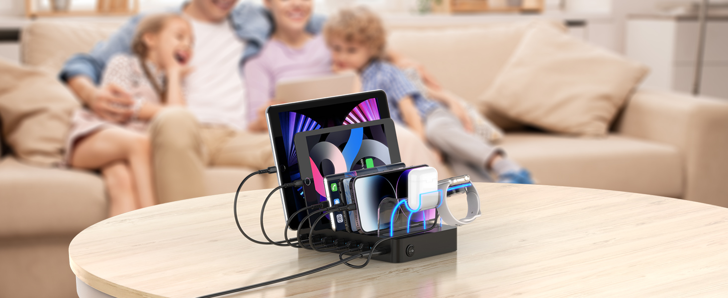 Зарядний хаб SooPii USB 60W/12A з 6 портами, органайзер для декількох пристроїв, з тримачем для Apple Watch, 6 кабелів у комплекті (Чорний)