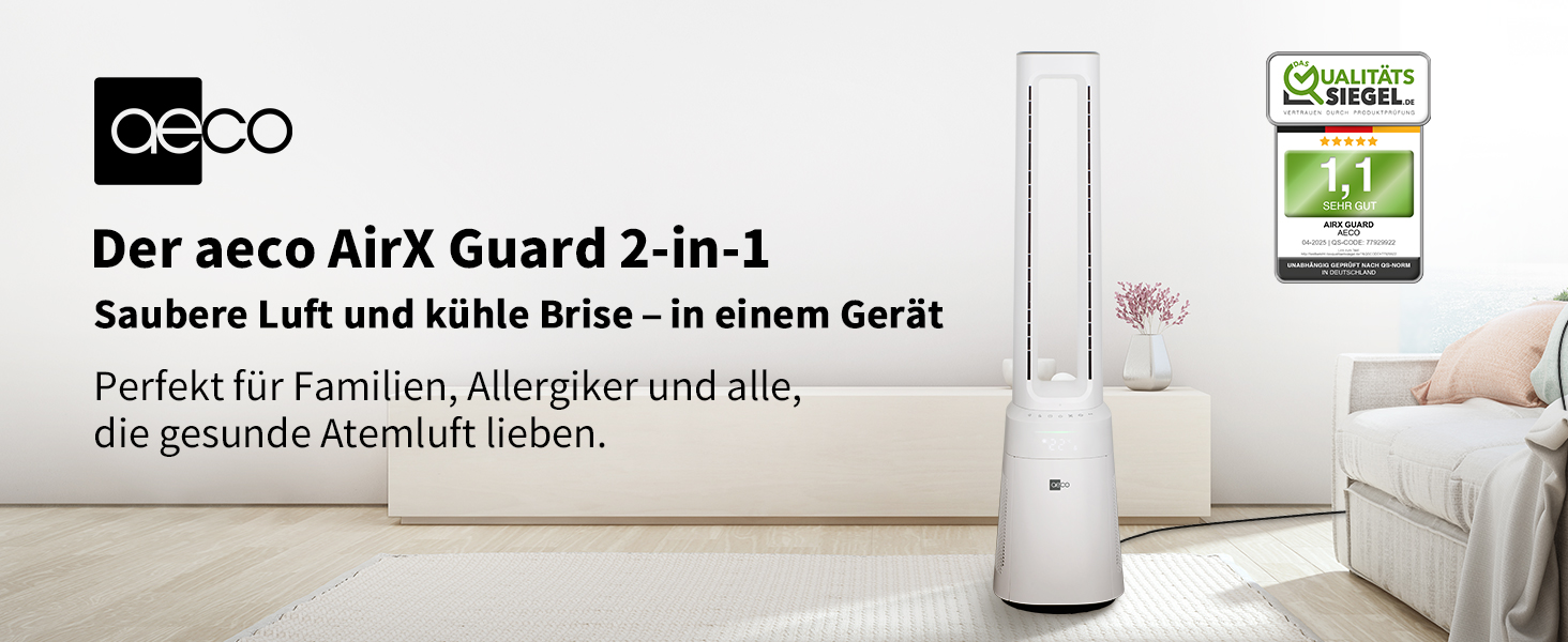 Турбовентилятор Aeco AirX Guard 2-в-1 з очищувачем повітря HEPA H13. Тиха робота 38dB, 10 швидкостей, 3 режими, осциляція 60°, таймер 12h, LED дисплей, пульт ДУ.