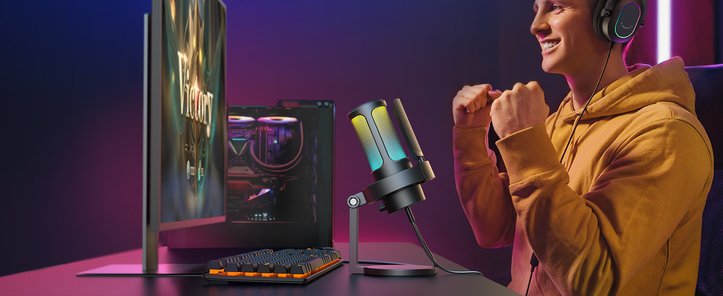 FIFINE USB мікрофон для ПК, геймінгу, стрімінгу та запису, з RGB підсвічуванням, PS4/PS5, MAC, з поп-фільтром, чорний