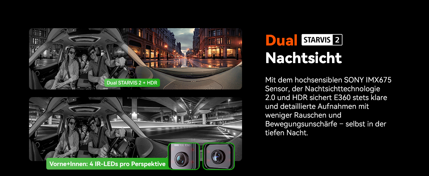 Панорамний автореєстратор VANTRUE E360 ACE 5.2K Dual STARVIS 2 HDR 360°, відеореєстратор з WiFi, GPS, сенсорним екраном 1.54″ та режимом паркування (передній та внутрішній)