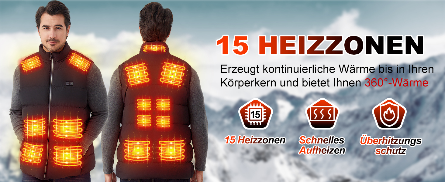 Електрична гріюча жилетка для чоловіків та жінок з 15 зонами нагріву - 3 режими температури, для активного відпочинку, катання на лижах, полювання, кемпінгу (без акумулятора), чорна, XXL