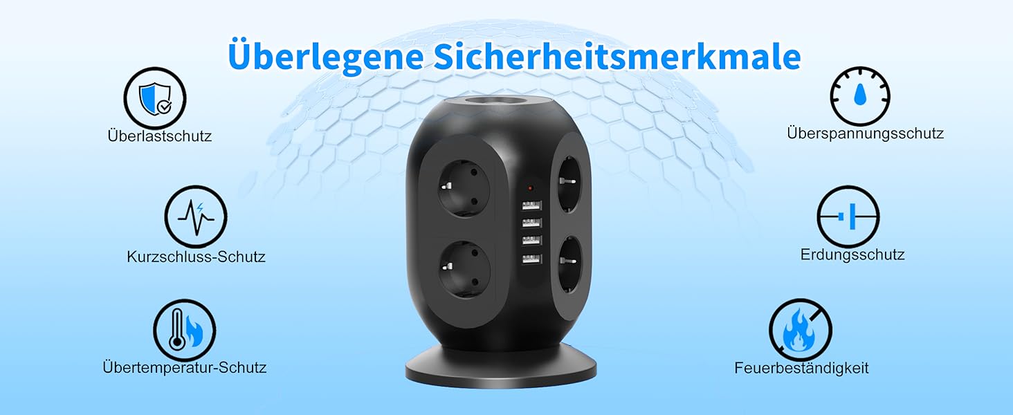 Багатофункціональна мережа живлення Colstar з 4 USB, 8 розеток, захистом від перенапруги, 2м кабелем, для дому та офісу, чорна