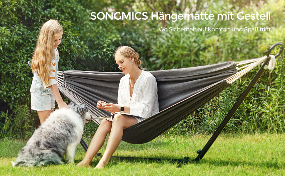 Гамак SONGMICS 210x150 см, регульований по висоті, металевий каркас, навантаження до 240 кг, для саду, чорний каркас, сіра тканина