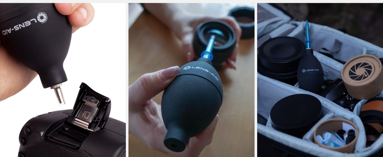 Набір для чищення камери Lens-Aid 3 в 1: повітряний насос, олівець для чищення та 5 мікрофібрових серветок. Підходить для сенсорів, об'єктивів, камер, дисплеїв, фільтрів та оптики. Ідеальний для фотоаксесуарів та техніки.