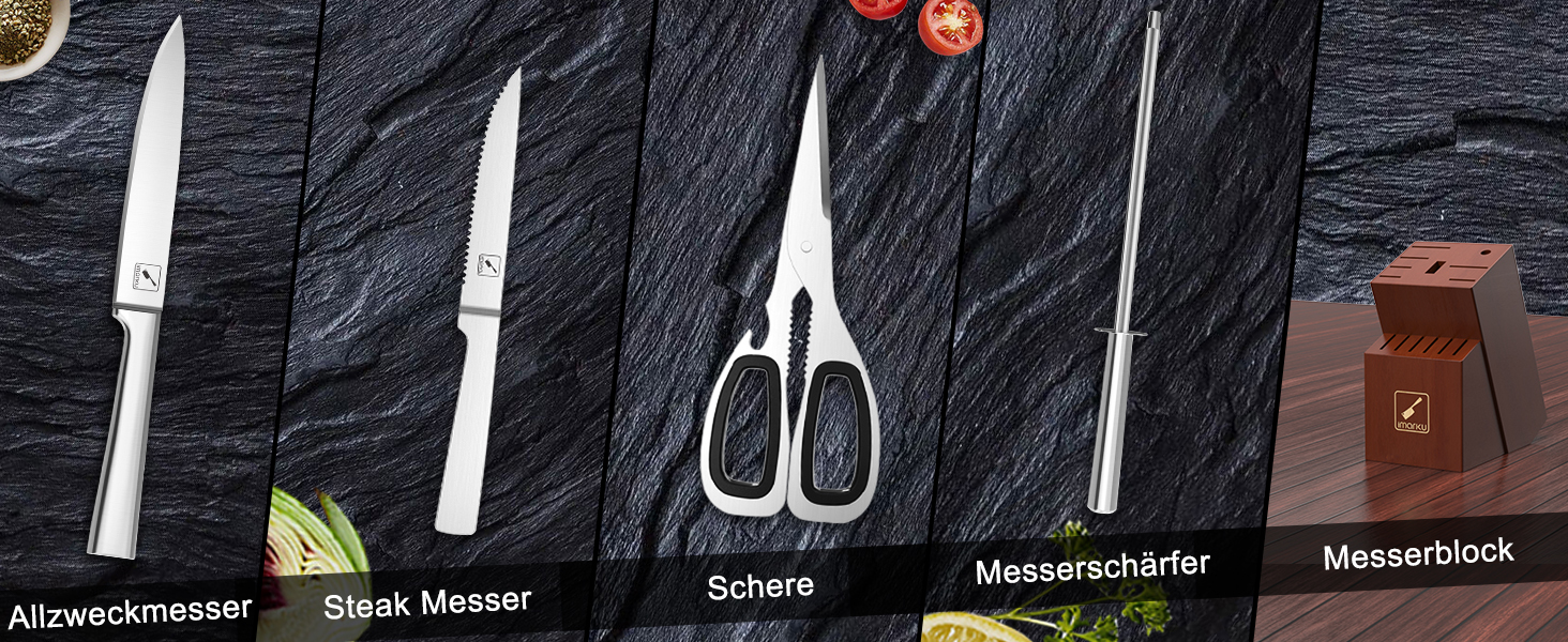 IMARKU 15-Piece Japanese Stainless Steel Knife Set with Block - Professional Kitchen Knife Set with Sharpener & Cleaning Block