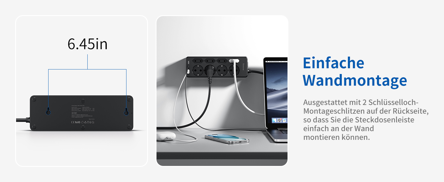 Мережевий фільтр Sameriver 8-фазний з захистом від перенапруги, 3 USB, вимикач, кабель 3M, чорний