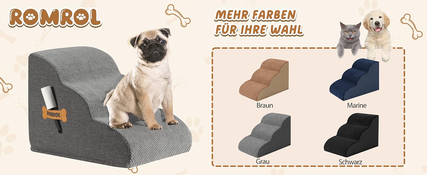 Сходинка для собак та котів ROMROL 3 сходинки - сіра, з неслизьким покриттям, з високощільним пінополіуретаном, для допомоги при входженні на диван та ліжко, захист суглобів