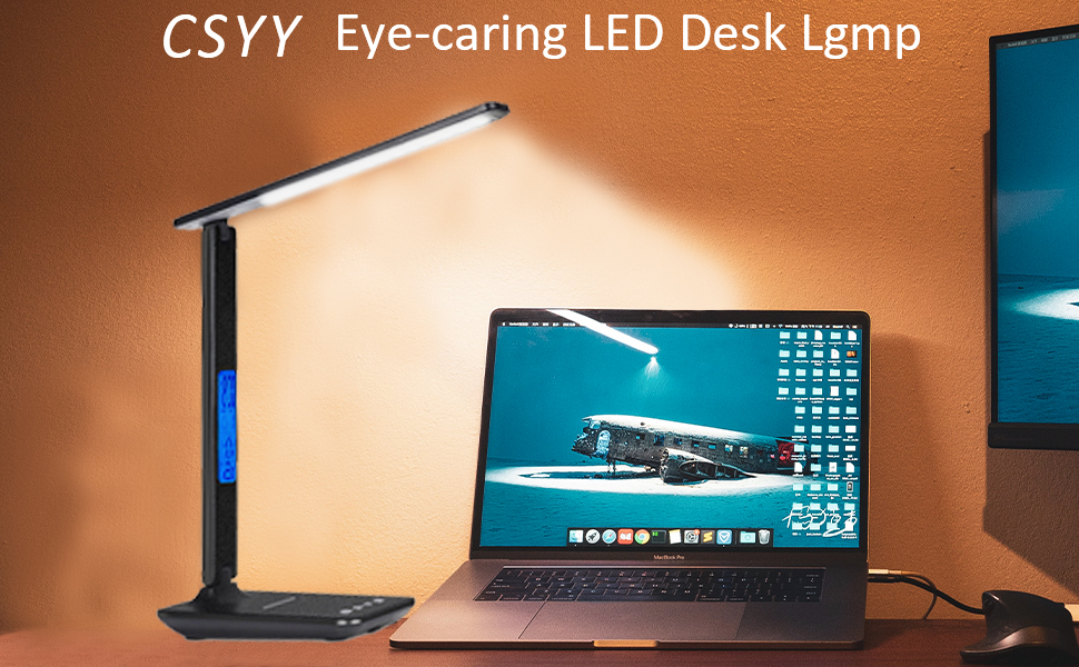LED настільна лампа CSYY з бездротовим зарядним пристроєм 10W, 3 кольори, 5 рівнів яскравості, пам'ять, сенсорне керування, захист очей для офісу та читання