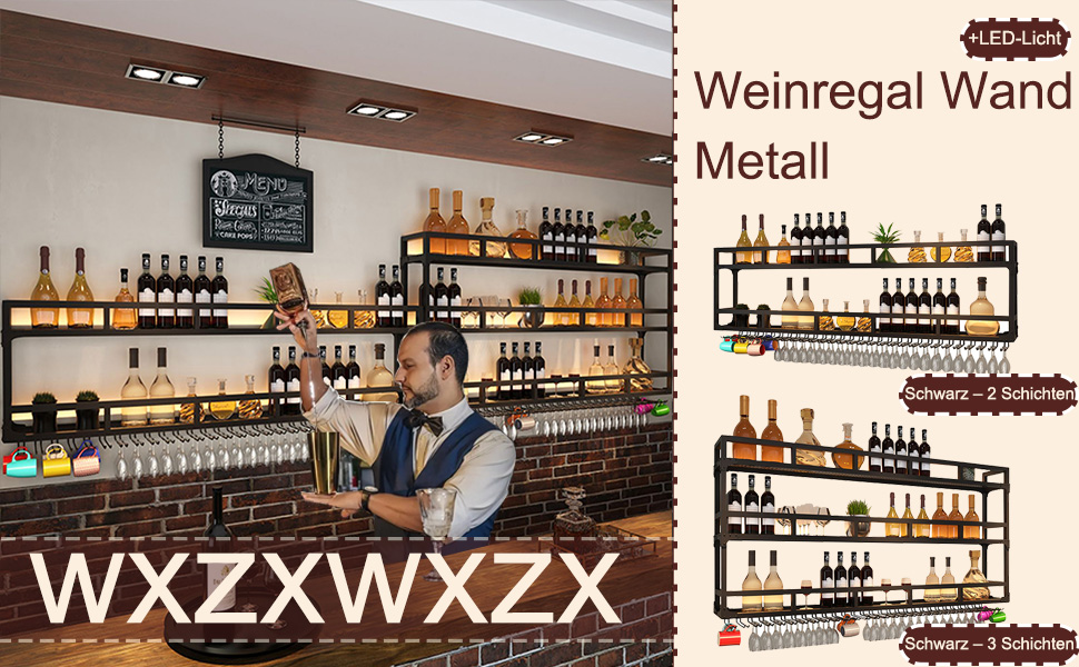 Металева полиця для вина на стіну з підсвічуванням, 80 см, чорний колір. Вузька шафа для вина, підставка для келихів, міні-бар для дому, кухні, вітальні. 3 яруси.