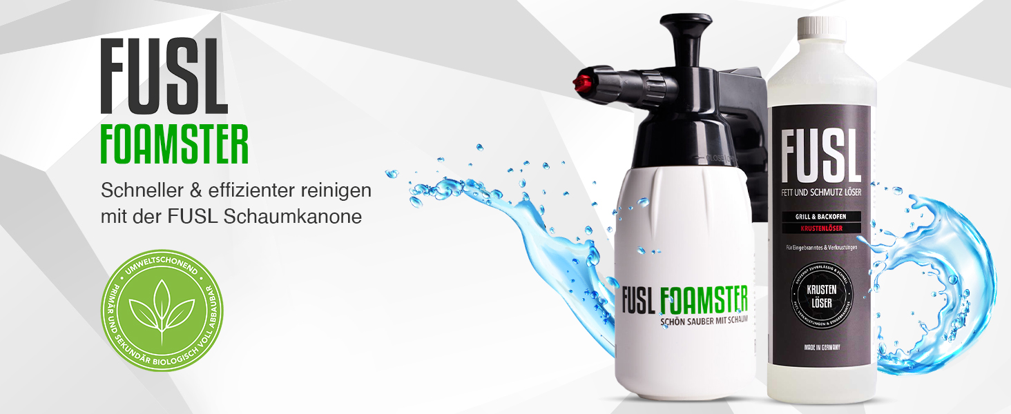 FUSL Grill Cleaner Set – FOAMSTER Foam Cannon + 1L Crust Remover – Extra Strong Grill Cleaner for Gas Grill, Smoker & Grill Grate – Biodegradable & Effective – Made in Germany
