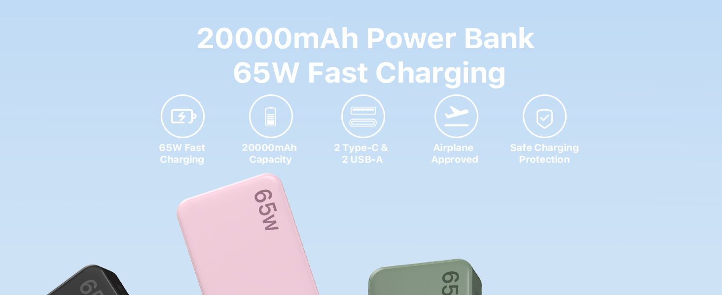 Power Bank JUOVI 65W, 20000mAh, 2 USB-C, 2 USB-A, для ноутбуків та телефонів (MacBook, iPhone, Samsung)