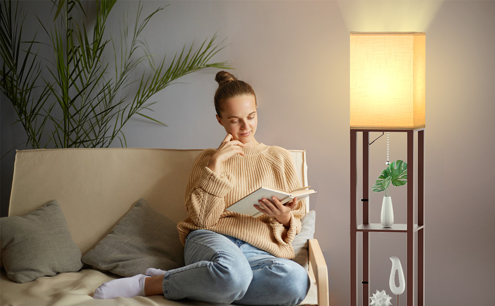 Світлодіодна торшер з дерева, 1.6м, з цоколюванням E27 (3000K-5000K), ретро торшер з 3 полицями, 3 колірні температури, настільна лампа з абажуром для спальні, кута, вітальні, офісу (коричневий)