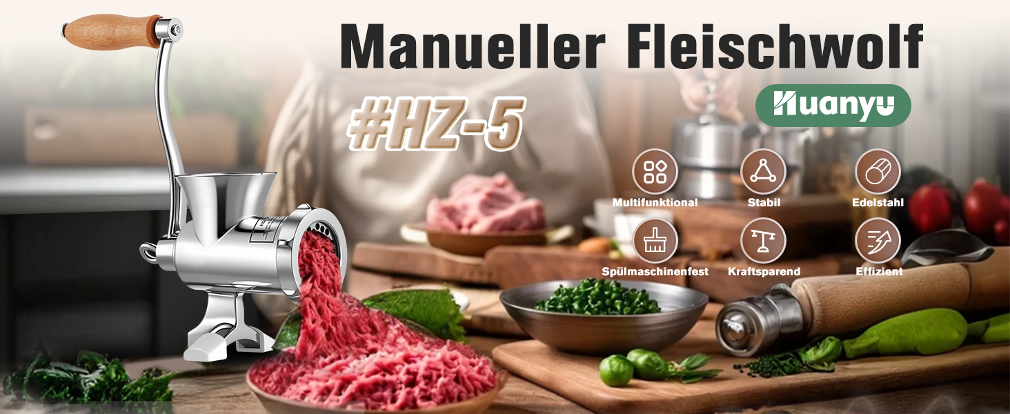 М'ясорубка ручна Huanyu з нержавіючої сталі, насадка для ковбас та печива, миється в посудомийній машині, для яловичини, свинини та овочів (№8)