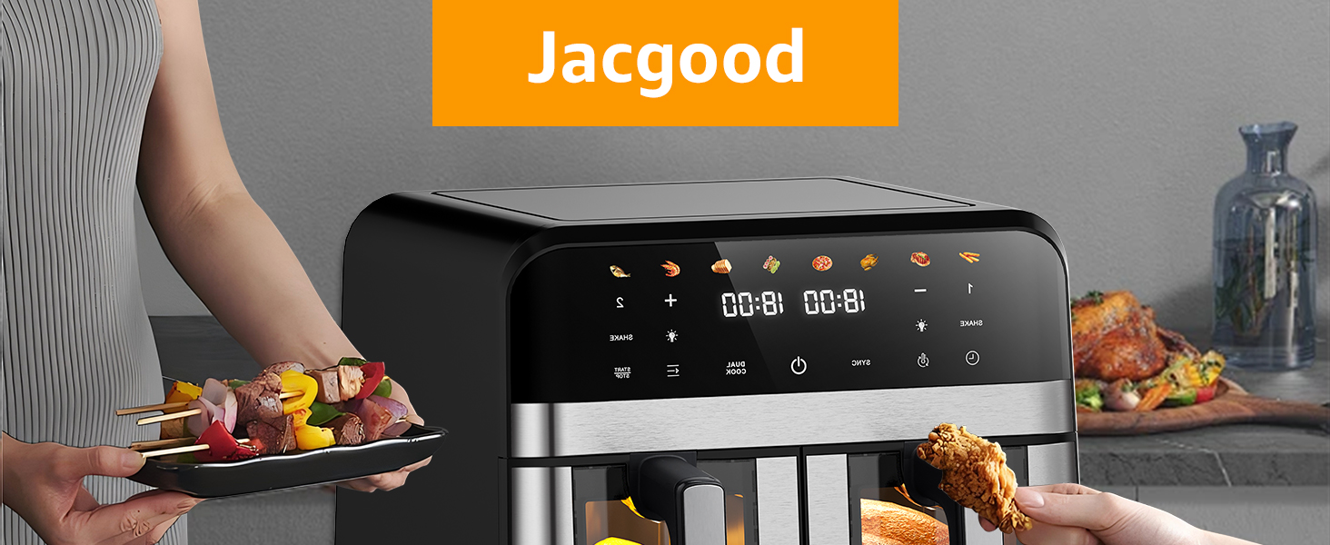 Фритюрниця повітряна Jacgood з 2 кошиками, 1800W, 9L, цифрове керування, 8 меню, з прозорим вікном