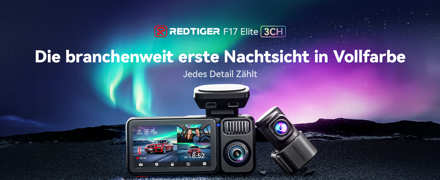 Автомобільний 3-канальний відеореєстратор REDTIGER F17 Elite 4K з картой 128ГБ, STARVIS 2 IMX678, WiFi 6, GPS, HDR та нічним режимом (передній, задній та салонний)