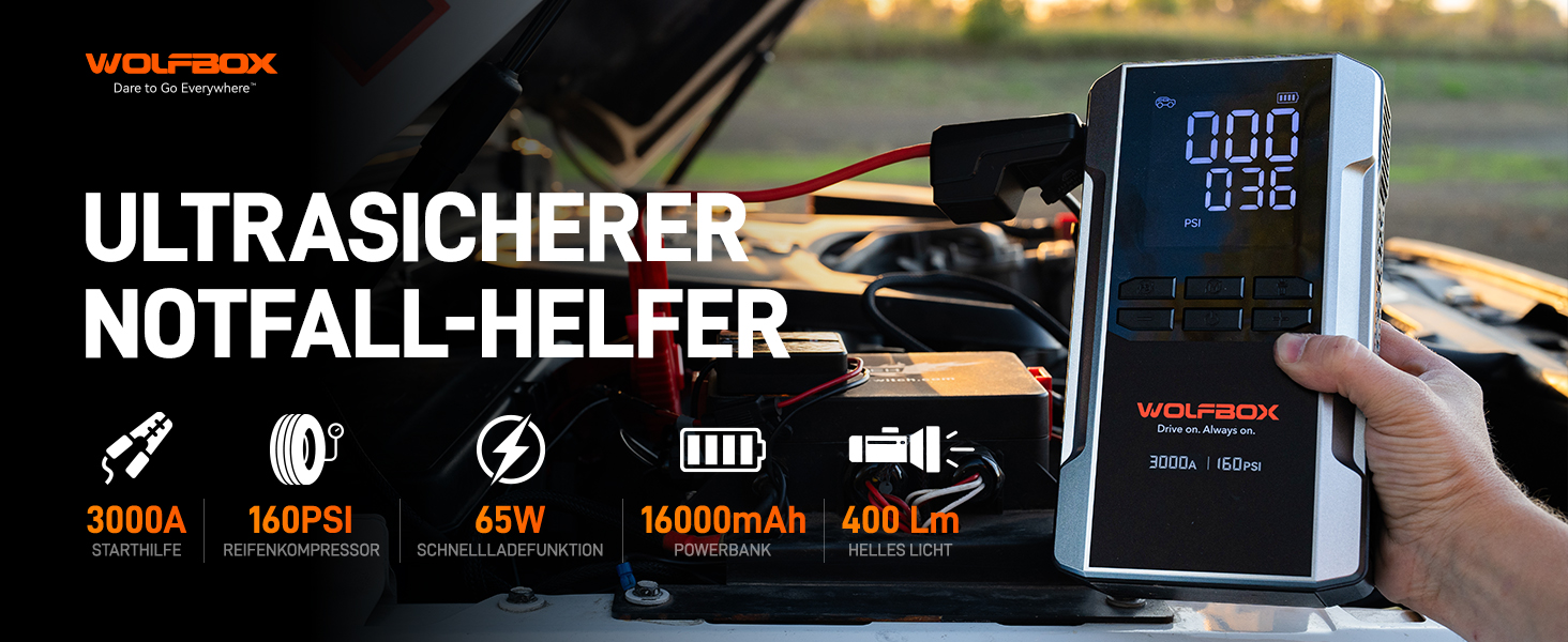 WOLFBOX 4000A Пускозарядний пристрій з компресором 160PSI, 12V, 65W, 88.8Wh, для бензинових/дизельних двигунів 10L, LED-ліхтар, кабелі, 4000A