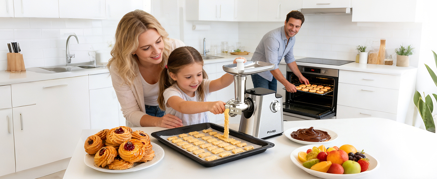 М'ясорубка електрична FIMEI 4-в-1 з насадками для ковбас та печива, нержавіюча сталь