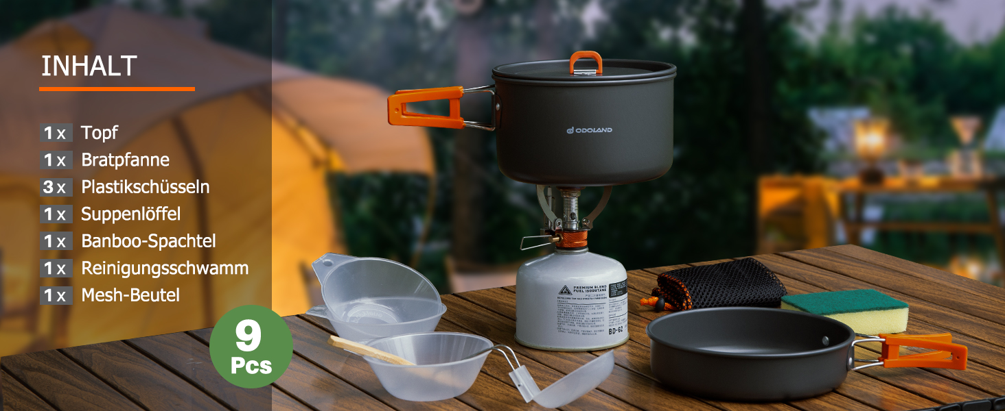Odoland Camping Cookware Set, 9-Piece Outdoor Dish Set with Camping Pot, Camping Frying Pan for Camping, Outdoor Cooking, Hiking, and Travel