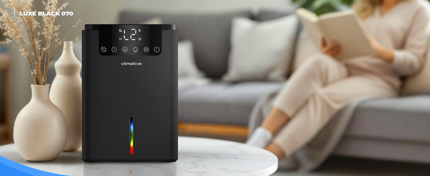 Електричний осушувач повітря Climative ION 12L/24h з Wi-Fi та очищувачем повітря для дому, квартири, ванної кімнати. Захист від вологи та плісняви до 20 м². Чорний Luxe 070