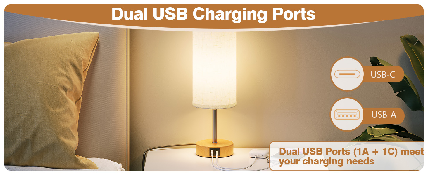 Нічна лампа UPXNBOR з USB-A та USB-C зарядкою, торшер з сенсорним керуванням та 3 рівнями тепла, для спальні та вітальні (E27 лампочка в комплекті), тканинний абажур