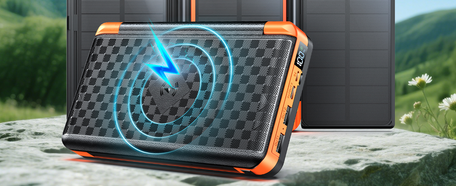 Портативний зарядний пристрій 63200mAh з сонячною панеллю: Power Bank з 3 сонячними панелями, 22.5W USB-C, швидка зарядка, SOS ліхтарик, цифровий дисплей, для кемпінгу, чорно-оранжевий