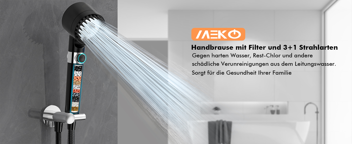 Showerhead with Filter MEKO High-Pressure Handheld Shower with 15-Layer Filtration, 1.5M Hose, 3 Spray Patterns, Water-Saving Showerhead for Removing Hard Water, Residual Chlorine, Bacteria, and Heavy Metals (Black)