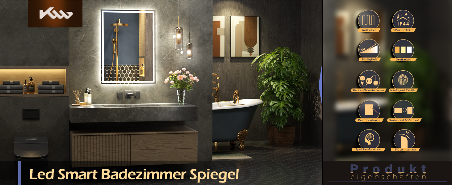 LED дзеркало для ванної кімнати KWW 80x100 см з підсвічуванням, протитуманне, регульоване освітлення, настінне, з сенсорною кнопкою