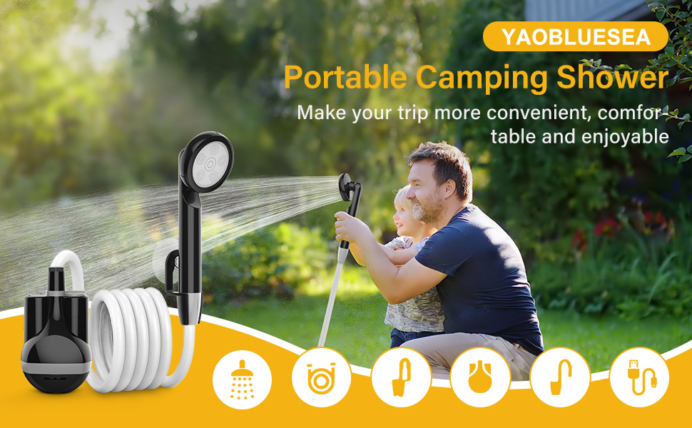 Portable Camping Shower with Pump - Rechargeable Battery Powered Camping Shower Set with 1.8m Hose - Camping Shower Set for Garden, Camping, Car Washing, and Pet Washing