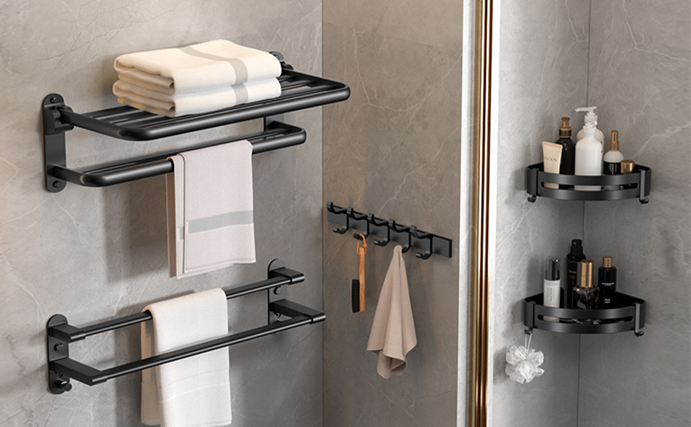 Тримач для рушників на стіну без свердління, з 2 рушниковими перекладинами, алюміній, матовий чорний, 58 см