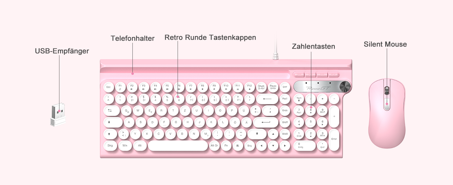 Ігрова клавіатура та миша RaceGT з RGB підсвічуванням, 104 клавіші, вологостійка, 7 кнопок миші 6400 DPI, QWERTZ (DE-Layout), рожевий кабель