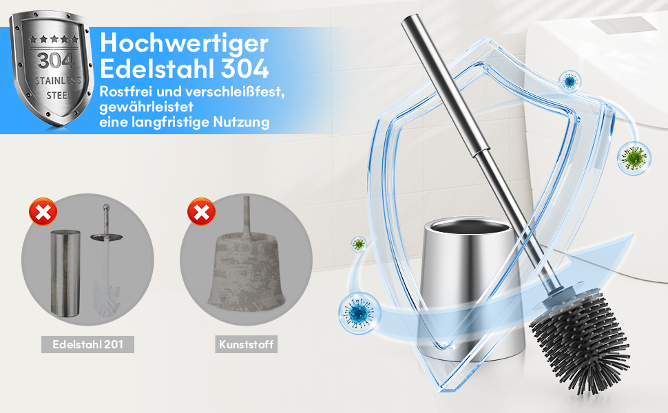 Силіконова щітка для унітазу Klobürste – гігієнічна щітка з нержавіючої сталі 304 з змінним насадком, для дому, готелю, ванної кімнати (розміру Gebürstetes Silber)