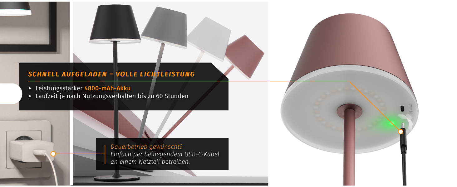 LED настільна лампа CSL з акумулятором - бездротова, сенсорна, диммування, 3 кольори світла, метал, великий акумулятор, для дому та вулиці