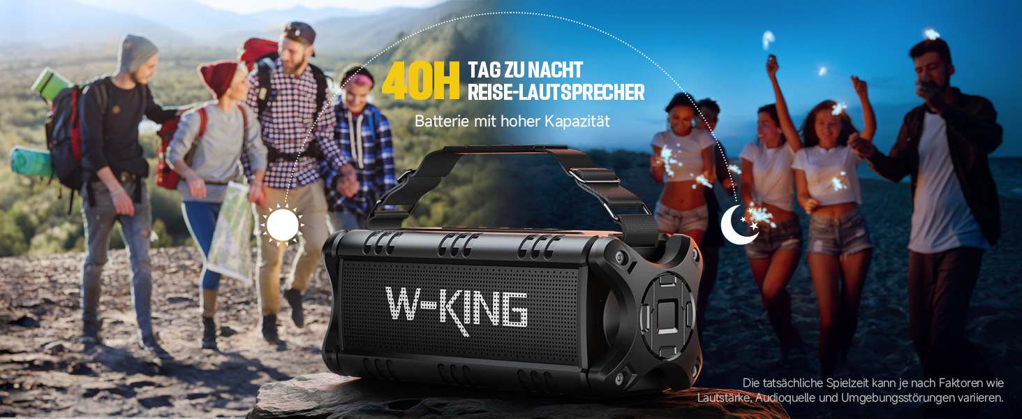 W-KING Портативна Bluetooth Колонка 90W з Глибоким Басом, DSP, 40 годин акумулятора та IPX6 Захистом від Води. Підтримка Powerbank, EQ, AUX та TF-карта. Чорний Колір. Ідеально для кемпінгу, пляжу та саду.