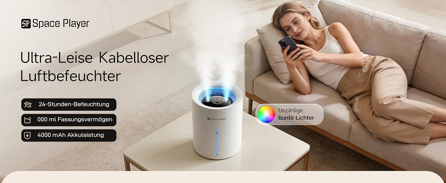 Зволожувач повітря Space Player ультразвуковий 3л з акумулятором 4000mAh, білий: для спальні, дитячої, офісу та рослин