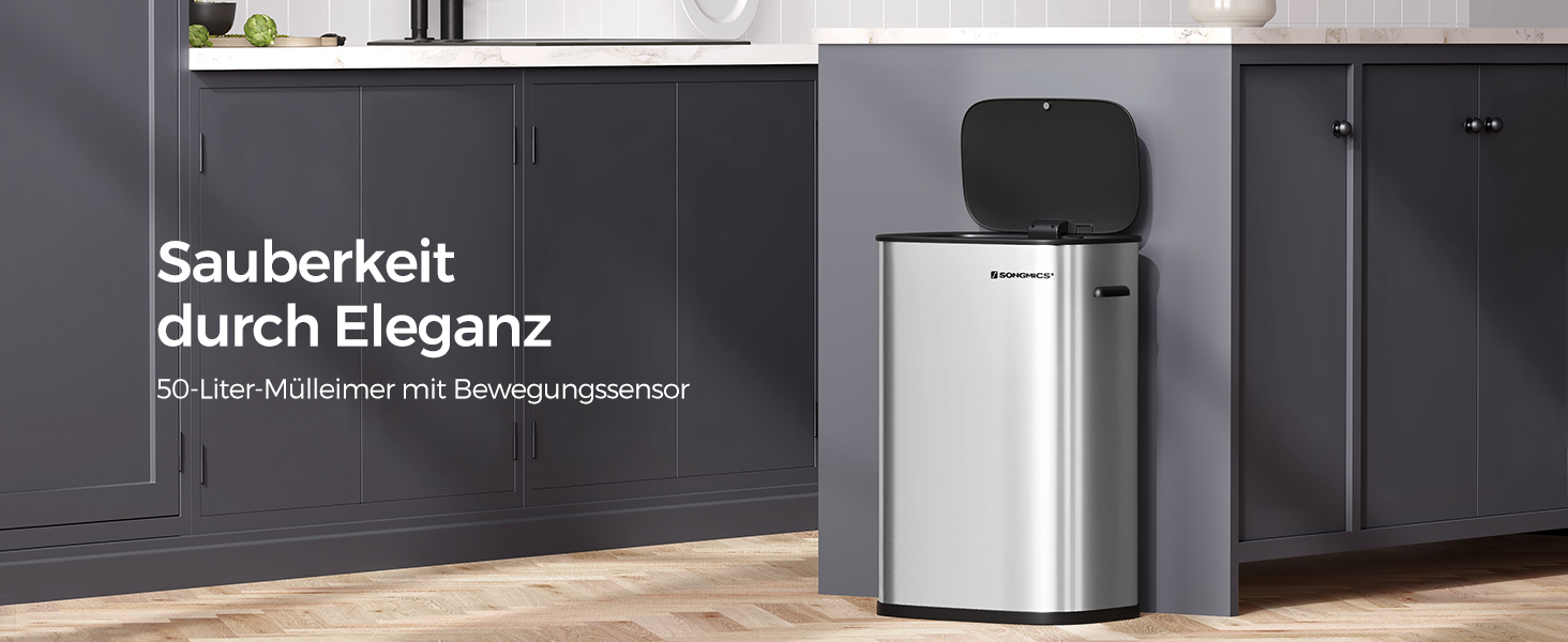 Відро для сміття SONGMICS з датчиком 50л, з м'яким закриттям, з нержавіючої сталі, з кільцем для пакетів, срібне (LTB610E50)