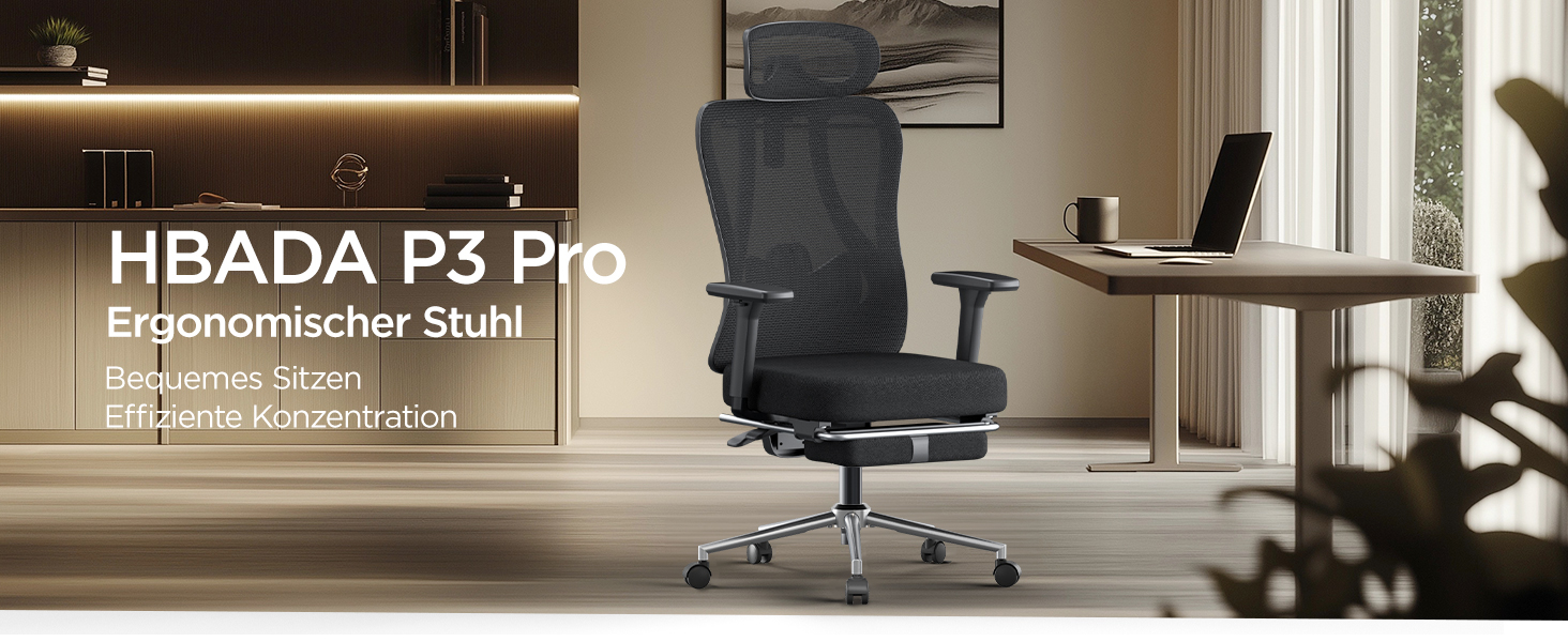 Hbada P3 Pro Ergonomic Office Chair with Adjustable Headrest, Lumbar Support, Reclining Backrest, Mesh Fabric, and Footrest - Black