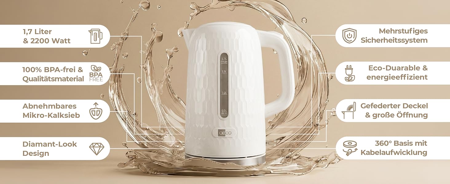 Електричний чайник Aeco AQA NEO з нержавіючої сталі, 1.7 л, 2150 Вт, без BPA, фільтр від накипу, бездротовий, CoolTouch, шампань сріблястий