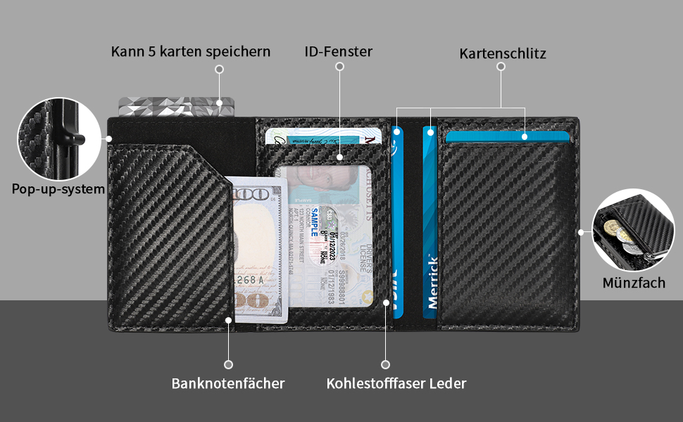 Чоловічий гаманець Portmonee з RFID захистом, Slim Wallet, 10 відділень для карток, з відділенням для монет, з карбону, чорний