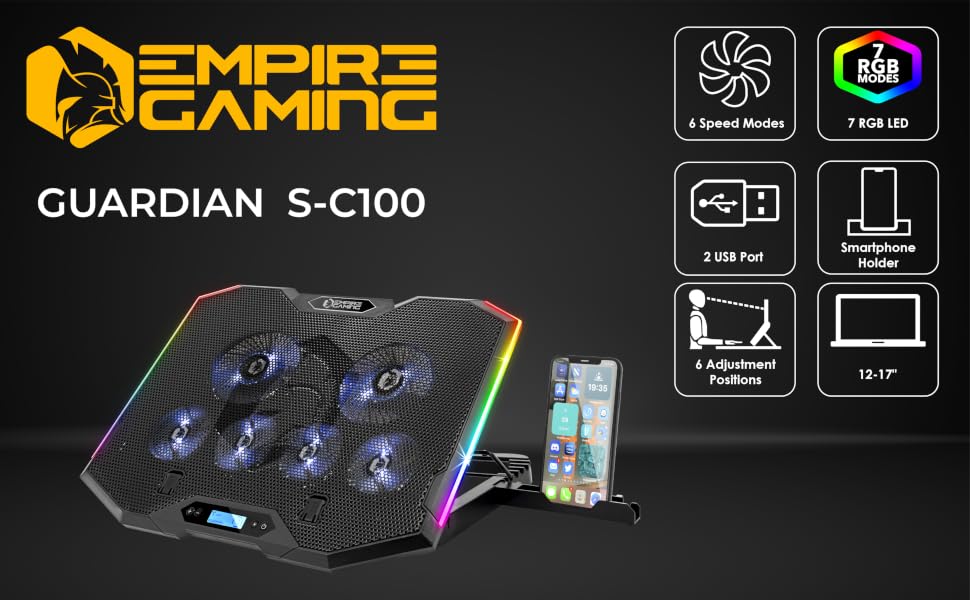 Ігровий охолоджувач для ноутбука EMPIRE GAMING Guardian S-C100 RGB, 6 вентиляторів, LCD-контролер, 5 рівнів висоти, підставка для смартфона, для ноутбуків 12-17 дюймів