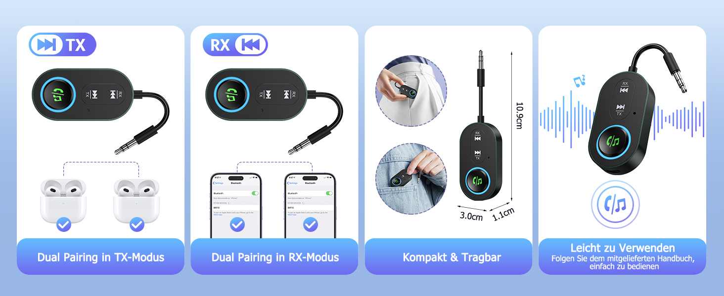 Bluetooth 5.3 адаптер 2-в-1: трансмітер та ресивер для передачі аудіо, чорний
