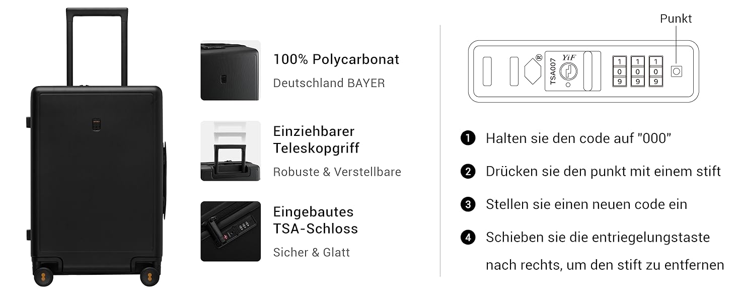 Чемодан-тележка LEVEL8, валіза на коліщатках, валіза з жорстким корпусом, 4 колеса, ручна валіза, TSA, 100% полікарбонат, мікро-діамантова текстура, великий (66см, 65л, чорний) A Schwarz M (66x44x26.5CM,65л)