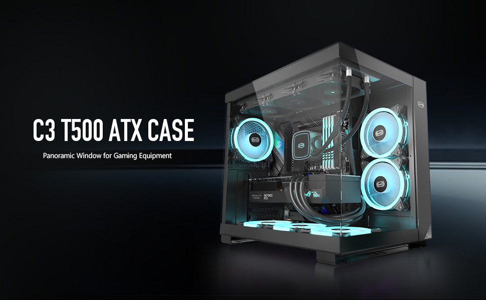 Корпус ПК Tower ATX C3T500 ARGB від PCCOOLER: 6 вентиляторів ARGB, підтримка RTX 40, подвійне скляне бокове вікно, чорний колір