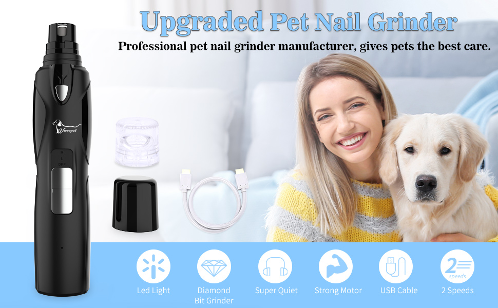 Електричний точило для кігтів собак та котів з LED-підсвічуванням та 2 колесами, чорний. Точило для кігтів, тихе, з низькою вібрацією.