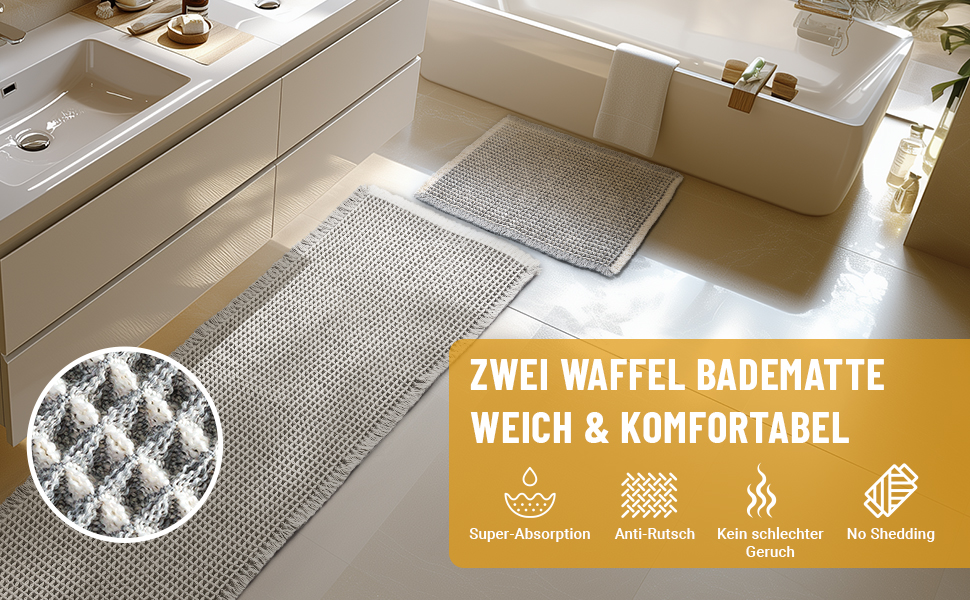 Boho Bathroom Rug Set - Non-Slip Bath Mats (2-Piece) - Washable Shower Rugs for Bathroom, Bedroom, Living Room - 51x120cm + 41x61cm (Gray & White)