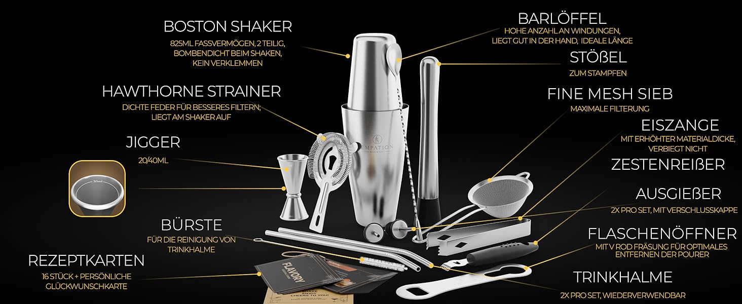 Набір для коктейлів EMPATION: 8 предметів, Boston Shaker 825мл, нержавіюча сталь, для початківців та професіоналів, сріблястий, преміум подарунок