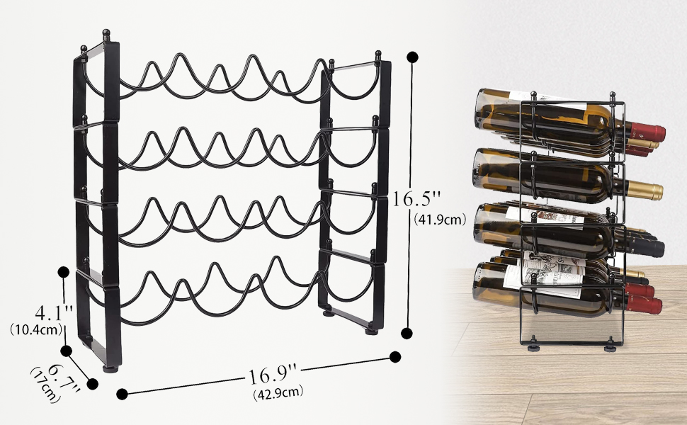 4-Tier Stackable Wine Rack, 3-in-1 Bottle Rack for 16 Bottles, Can Be Used Separately or Stacked Metal Wine Bottle Rack, Freestanding Wine Storage Rack for Cabinet Pantry (Black)