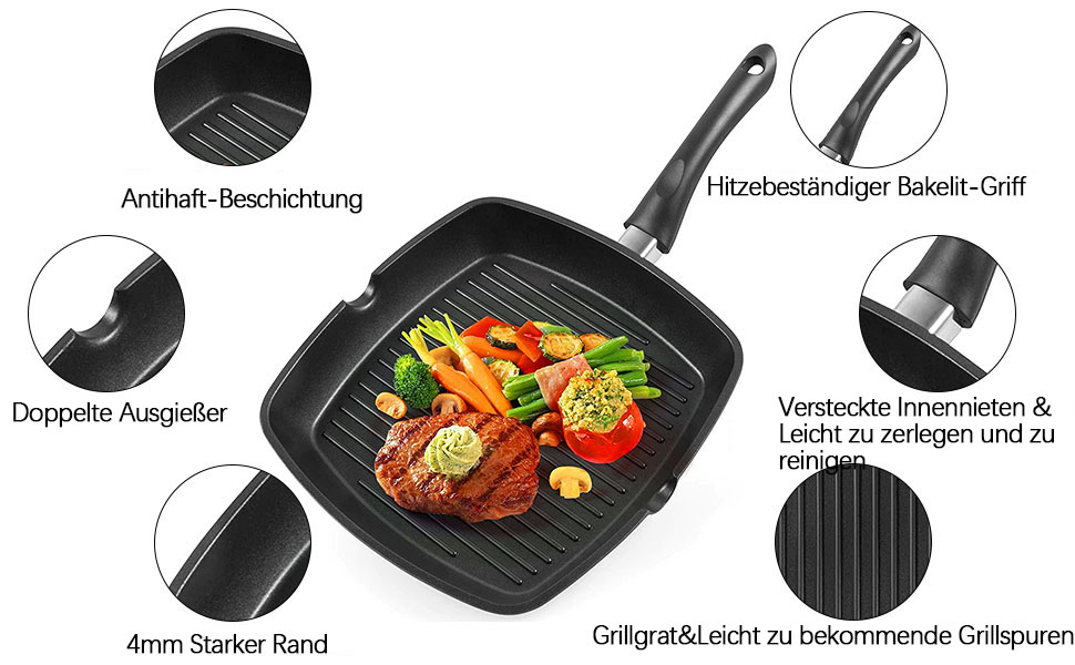 Сковорода гриль 28x28 см з алюмінію з індукційним дном, антипригарна PFOA-free, легка в очищенні