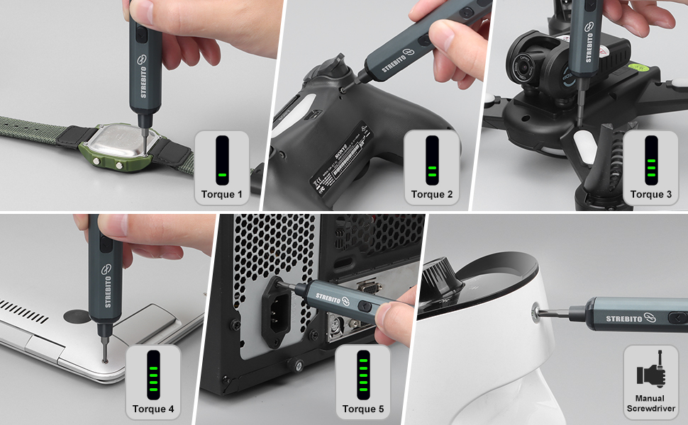 Міні-шуруповерт STREBITO 70-в-1: комплект з 64 бітами, 5 режимів крутного моменту, LED-підсвічуванням, сірий