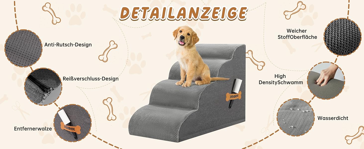Сходинки для собак та котів ROMROL – 4 сходинки, сірий колір, з м'яким Memory Foam, для захисту суглобів, знімний та миючий чохол